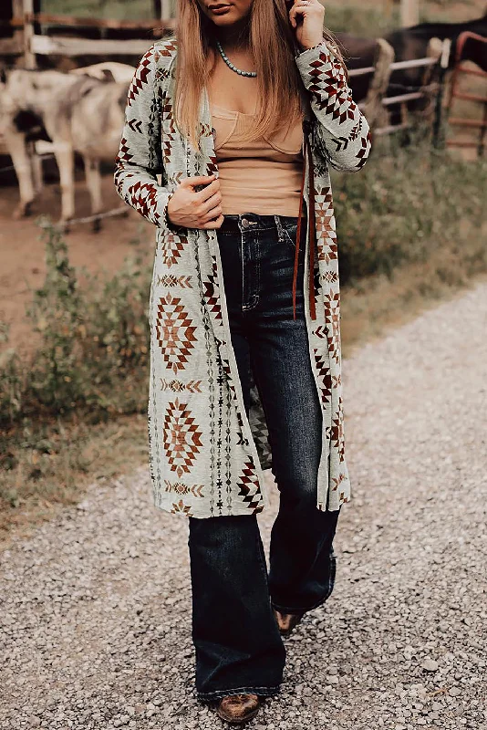 Aztec Printed Open Front Long Cardigan Lightweight Heavyweight Midweight