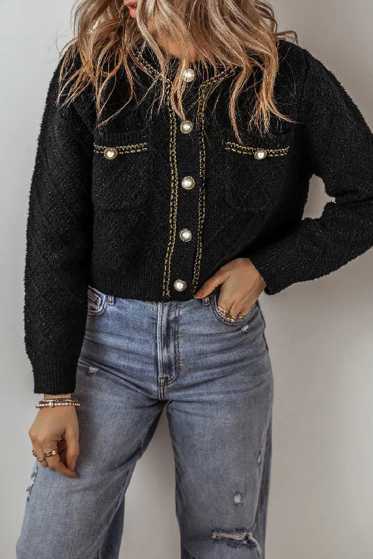 Shimmer Flap Pocket Button up Cardigan Mesh Fabric Canvas Fabric Denim Fabric