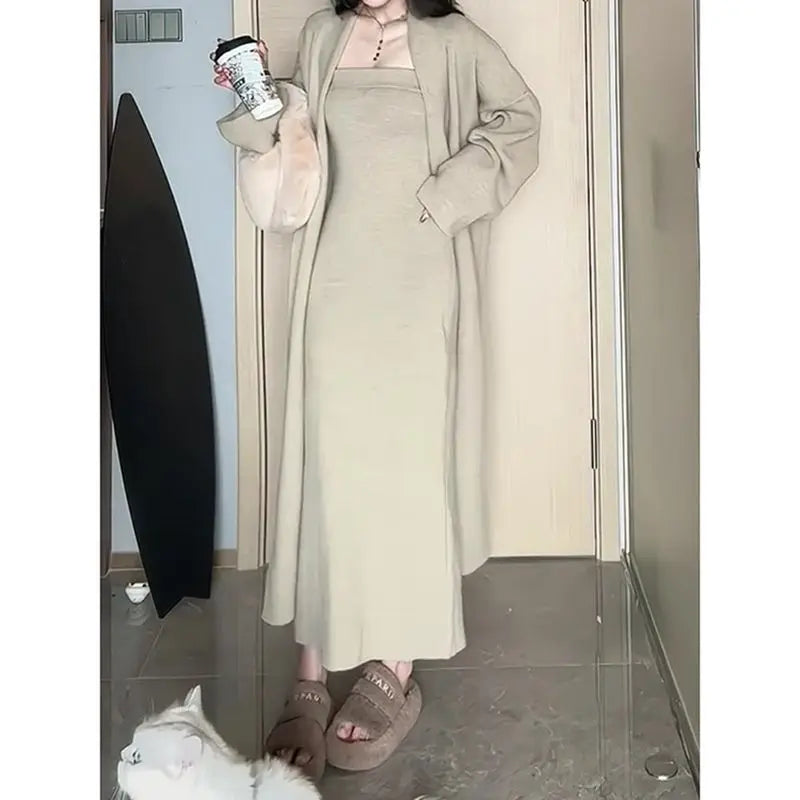 GETADME Temperament Celebrity Knitted Suit Women's Autumn and Winter New Medium and Long Tube Top Dress Sweater Cardigan Two-piece Set Toggled Drawstring Belted GETADME Temperament Celebrity Knitted Suit Women's Autumn and Winter New Medium and Long Tube Top Dress Sweater Cardigan Two-piece Set Toggled Drawstring Belted