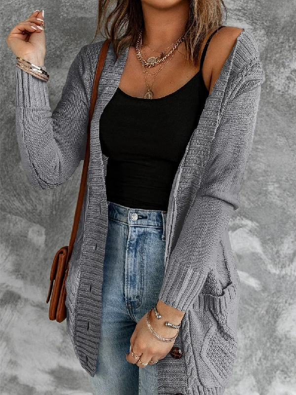 Cable Knit Button Cardigan Toggled Drawstring Belted