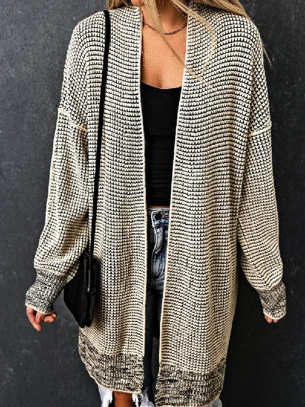 Apricot Checkered Knit Longline Open Front Cardigan Seamless Knitted Crochet