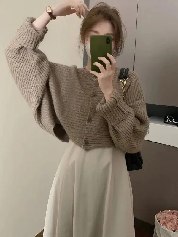 Getadme Elegant Knitting 2 Piece Dress Set Women Long Sleeve Loose Cardigan+Casual Strap Dress Winter Party Korean Style Suit Slim Fleece Fabric Down Fabric Feather Fabric