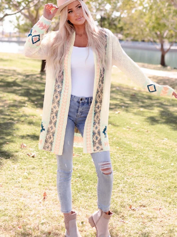 Apricot Aztec Patterned Open Front Sweater Cardigan Fleece Cardigan Nylon Polyester