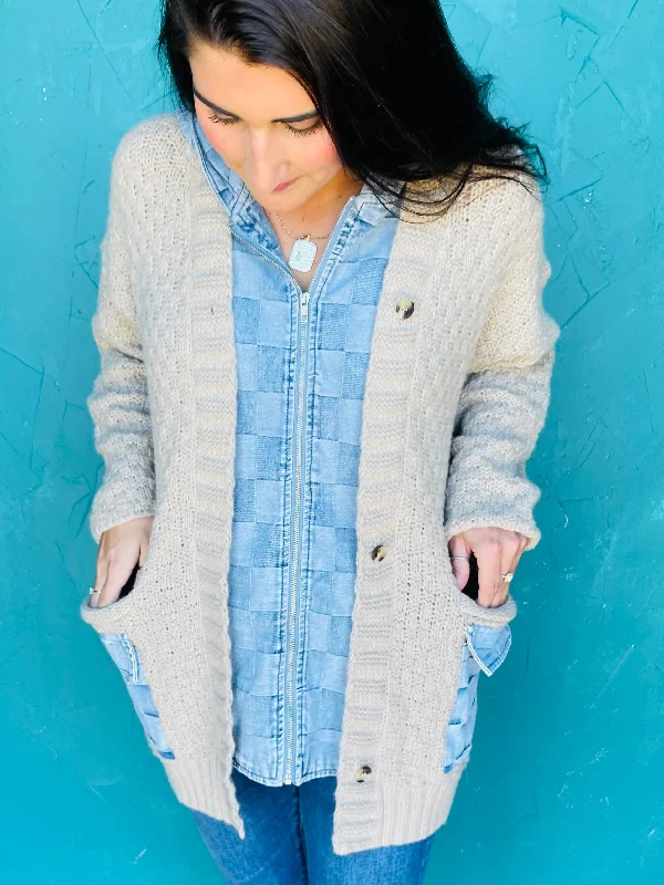 Checker Denim Zip Up Cardigan Mesh Fabric Canvas Fabric Denim Fabric