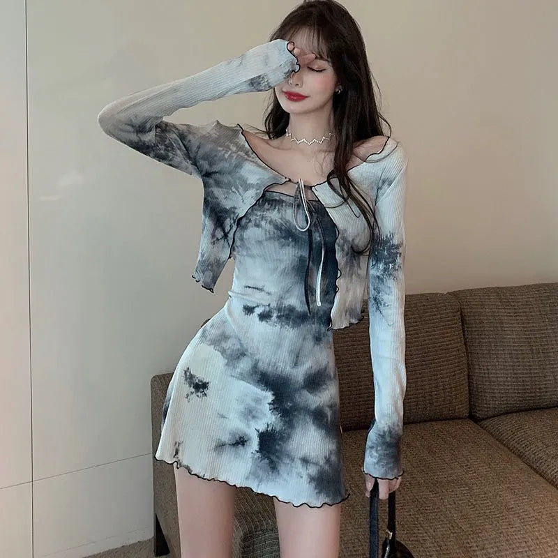 Getadme-2pcs Set Autumn Tie-dye Design Sense Tube Top Dress Women Fashion Cardigan Top Two-piece Suit Mesh Cardigan Canvas Denim Getadme-2pcs Set Autumn Tie-dye Design Sense Tube Top Dress Women Fashion Cardigan Top Two-piece Suit Mesh Cardigan Canvas Denim