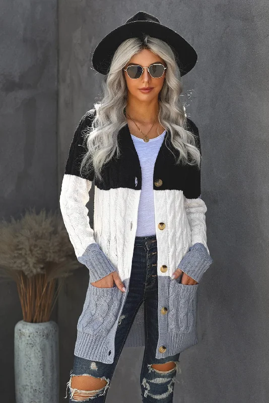 Block Color Cable Knit Cardigan Real Fur Shearling Chenille
