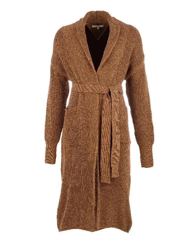 Women Long Cardigan with Belt - Brown Terry Blend Velvet Blend Canvas Blend