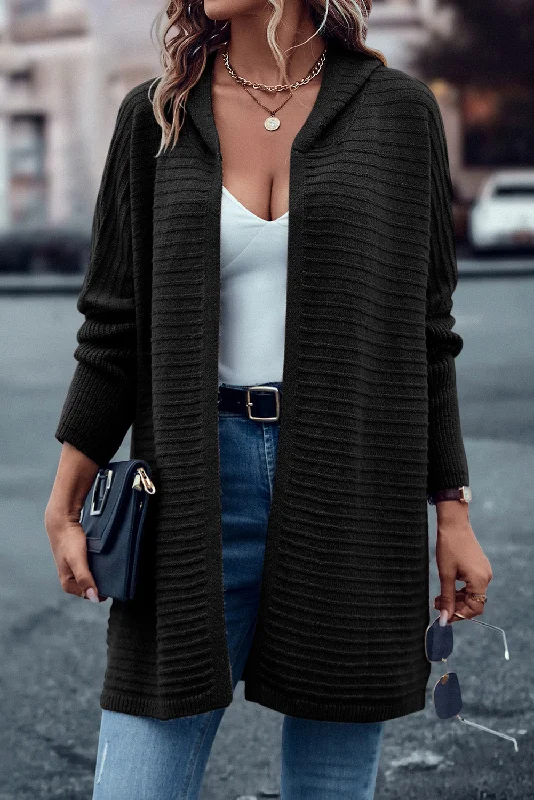 Black Ribbed Knit Hooded Cardigan for Stylish Autumn Layering Chenille Fabric Brocade Fabric Lace Fabric Black Ribbed Knit Hooded Cardigan for Stylish Autumn Layering Chenille Fabric Brocade Fabric Lace Fabric