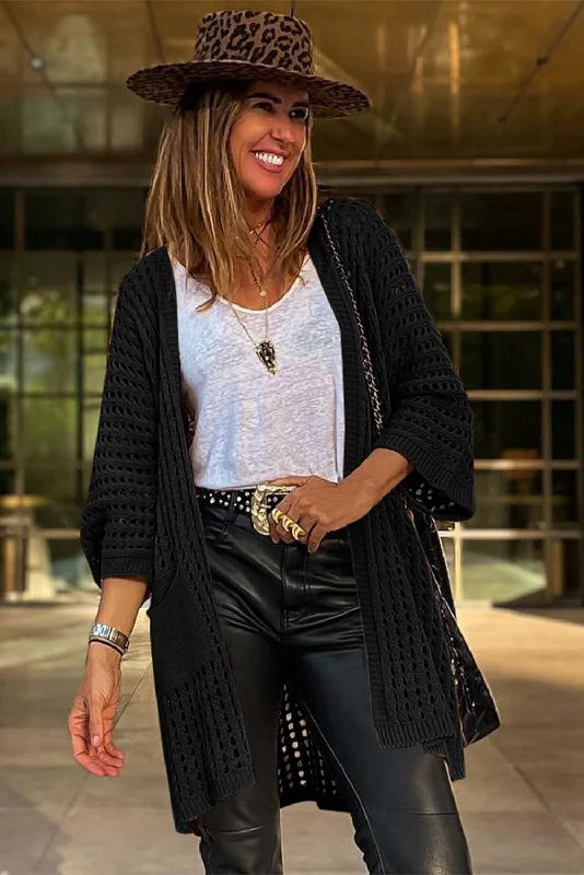 Black Knitted Cardigan Houndstooth Herringbone Solid