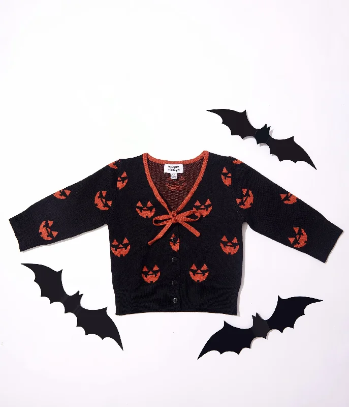 Unique Vintage Kids Black & Orange Pumpkin Crop Cardigan Zippered Buttoned Snapped