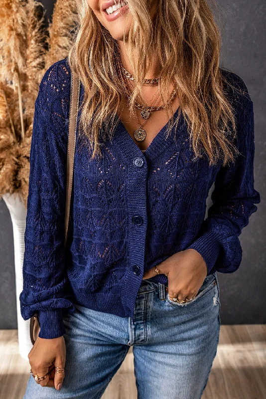 Blue Crochet Hollow-Out Cardigan with Buttoned Front Fleece Cardigan Nylon Polyester Blue Crochet Hollow-Out Cardigan with Buttoned Front Fleece Cardigan Nylon Polyester