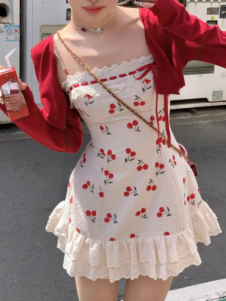 Getadme New Red Casual Crop Tops Cardigan Sweet Lace Y2k Mini Dress Party Sexy Strap Dress Korean Fashion Suit Woman Autumn Chic Cashmere Blend Cotton Blend Poly Blend