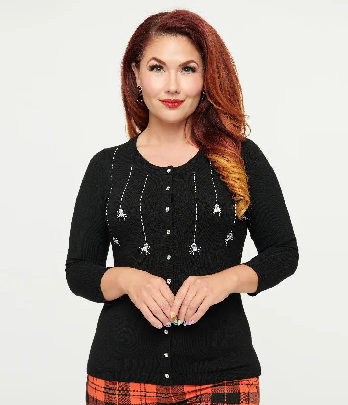 Unique Vintage Black & Spider Embroidered Bookworm Cardigan Iron Safe Non-Iron Wrinkle Free Unique Vintage Black & Spider Embroidered Bookworm Cardigan Iron Safe Non-Iron Wrinkle Free