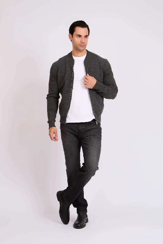 Men Regular Fit Cardigan - Grey Spandex Blend Rayon Blend Denim Blend