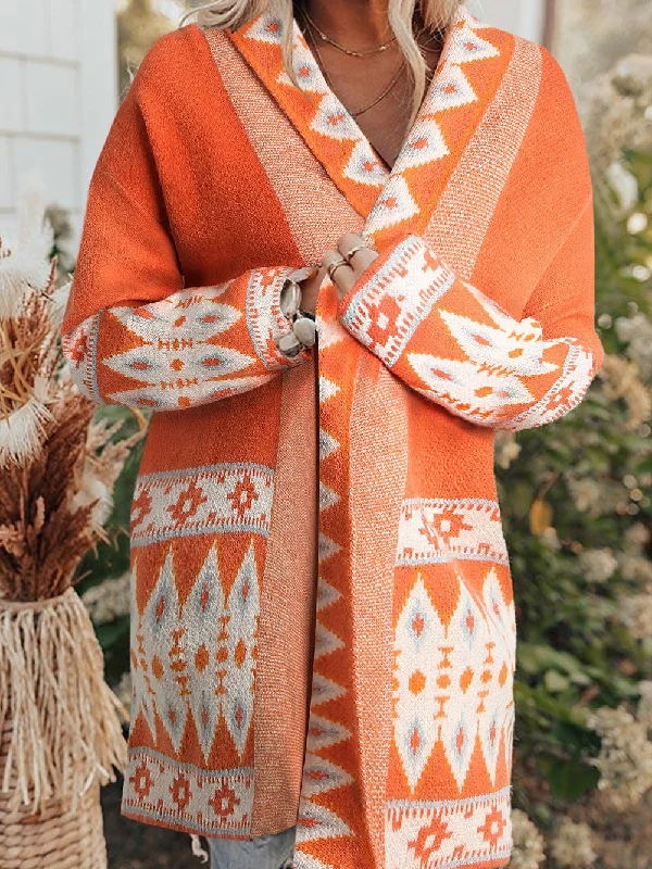 Aztec Print Orange Knit Duster Cardigan with Open Front Beaded Cardigan Sequined Faux Fur Aztec Print Orange Knit Duster Cardigan with Open Front Beaded Cardigan Sequined Faux Fur