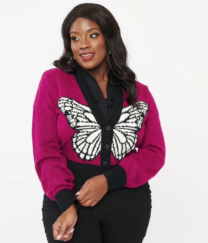 Unique Vintage Plus Size 1950s Purple Butterfly Sweater Cardigan Fitted Loose Oversized Unique Vintage Plus Size 1950s Purple Butterfly Sweater Cardigan Fitted Loose Oversized