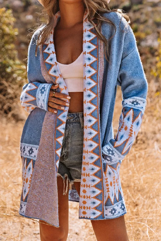 Aztec Print Open Front Knitted Cardigan Seamless Knitted Crochet