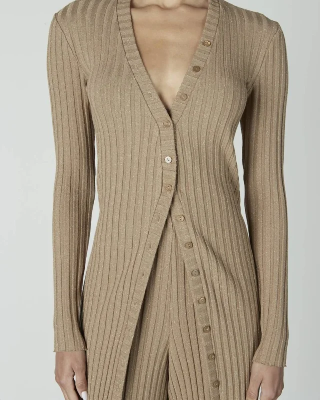 Lurex Sweater Rib Cardigan Midi Dress in Sand/Gold | Sand/Gold Houndstooth Herringbone Solid Lurex Sweater Rib Cardigan Midi Dress in Sand/Gold | Sand/Gold Houndstooth Herringbone Solid