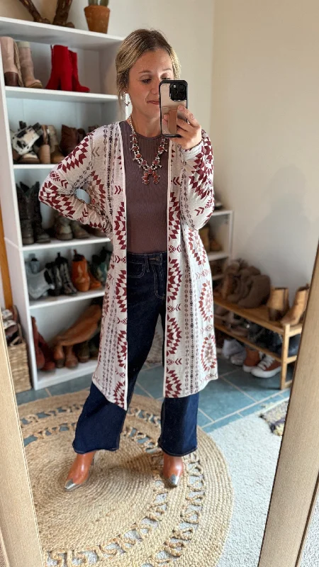 Muscadine Aztec Open Front Long Cardigan Terry Blend Velvet Blend Canvas Blend