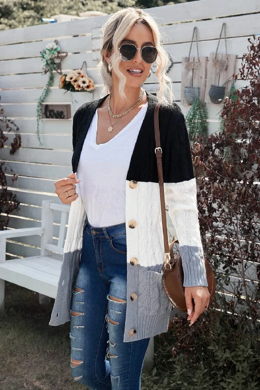 Cable Knit Cardigan with Side Pockets Tailored Straight A-Line