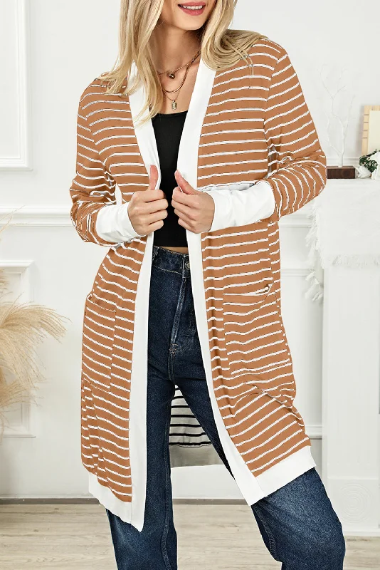 Striped Side Pockets Open Front Cardigan Asymmetrical,ymmetric Pencil Cardigan