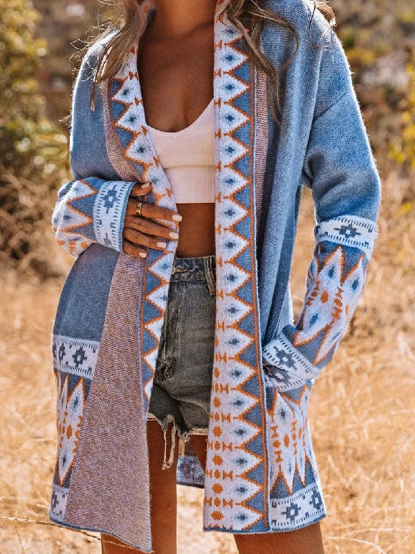 Blue Geometric Patterned Knit Open Front Cardigan Terry Terry Cloth Terry Knit