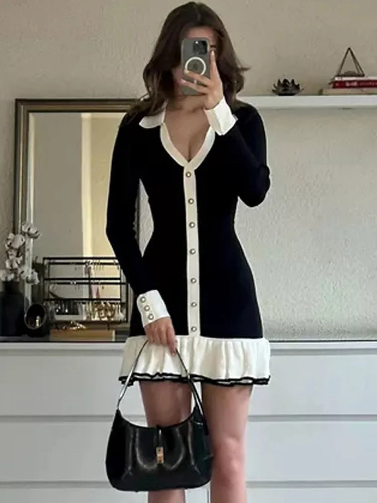 GETADME Tossy Ruffled Bow Knit Mini Dress Women's Summer Backless Contrast Cardigan Lace-Up Elegant Dress Female Knitwear Bandage Dress Hooded Caped Shawl Collar GETADME Tossy Ruffled Bow Knit Mini Dress Women's Summer Backless Contrast Cardigan Lace-Up Elegant Dress Female Knitwear Bandage Dress Hooded Caped Shawl Collar