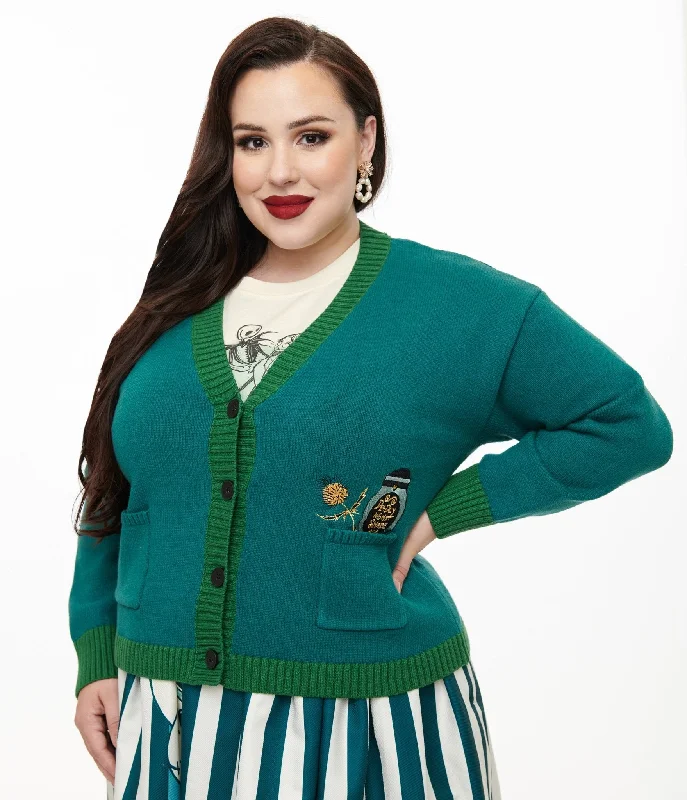Tim Burton's The Nightmare Before Christmas by Unique Vintage Plus Size Teal Deadly Night Shade Cardigan Zippered Front Buttoned Front Snap Front Tim Burton's The Nightmare Before Christmas by Unique Vintage Plus Size Teal Deadly Night Shade Cardigan Zippered Front Buttoned Front Snap Front