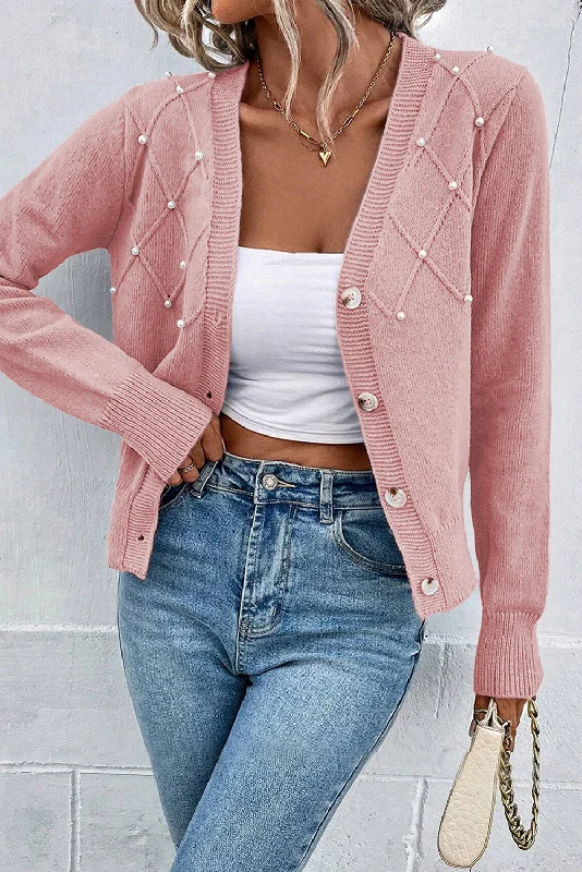 Textured Knit Pearl Beaded Button Up Cardigan Notch Collar Peter Pan Collar Cowl Neck Textured Knit Pearl Beaded Button Up Cardigan Notch Collar Peter Pan Collar Cowl Neck
