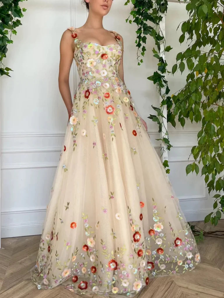 Champagne A Line Tulle Floral Long Prom Dresses, Champagne Formal Graduation Evening Dresses with 3D Flowers Tunics Plaid country Champagne A Line Tulle Floral Long Prom Dresses, Champagne Formal Graduation Evening Dresses with 3D Flowers Tunics Plaid country