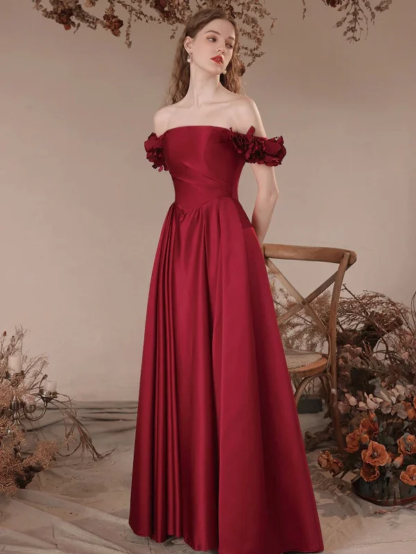 Off Shoulder A Line Burgundy Satin Long Prom Dresses, Burgundy Formal Evening Dresses Tunics Seasonal trendy Off Shoulder A Line Burgundy Satin Long Prom Dresses, Burgundy Formal Evening Dresses Tunics Seasonal trendy