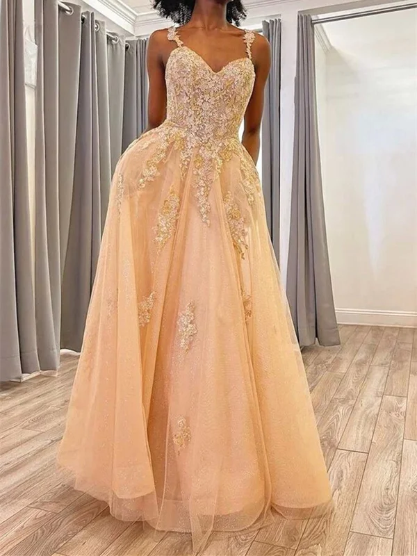 A Line Open Back Champagne Lace Tulle Long Prom Dress, Champagne Lace Formal Graduation Evening Dress Tunics Party sparkling A Line Open Back Champagne Lace Tulle Long Prom Dress, Champagne Lace Formal Graduation Evening Dress Tunics Party sparkling