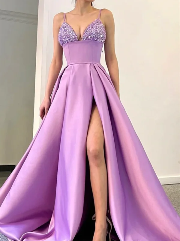 A Line Purple Satin Beads long Prom Dresses, A Line Purple Satin Beads long Formal Evening Dresses High-Low Hemline Casual A Line Purple Satin Beads long Prom Dresses, A Line Purple Satin Beads long Formal Evening Dresses High-Low Hemline Casual