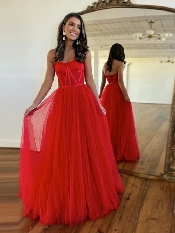 A Line Sweetheart Neck Red/Black Lace Tulle Long Prom Dress, Red/Black Formal Evening Dress Tunics Occasion special A Line Sweetheart Neck Red/Black Lace Tulle Long Prom Dress, Red/Black Formal Evening Dress Tunics Occasion special