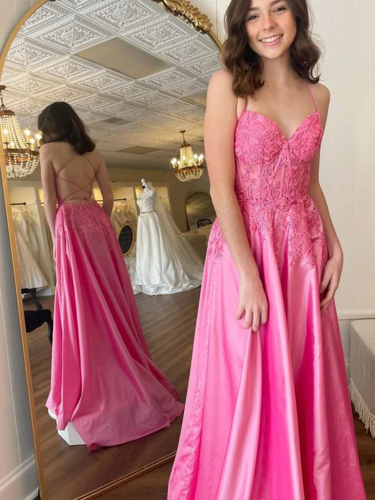 A Line V Neck Backless Pink Lace Long Prom Dresses, Pink Lace Formal Dresses, Pink Evening Dresses Tunics Chic fashionable A Line V Neck Backless Pink Lace Long Prom Dresses, Pink Lace Formal Dresses, Pink Evening Dresses Tunics Chic fashionable