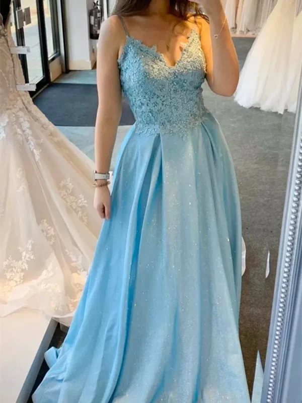 A Line V Neck Blue Lace Long Prom Dresses, A Line V Neck Blue Lace Long Formal Evening Dresses Turtleneck Neckline Stylish A Line V Neck Blue Lace Long Prom Dresses, A Line V Neck Blue Lace Long Formal Evening Dresses Turtleneck Neckline Stylish