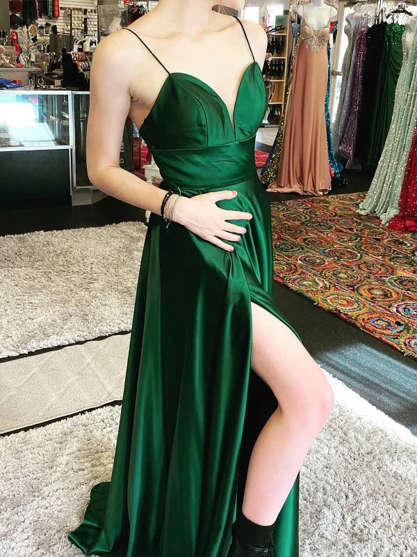 A Line V Neck Empire Waist Green Prom Dress with Slit, Green Long Formal Evening Dress Pencil Length Work A Line V Neck Empire Waist Green Prom Dress with Slit, Green Long Formal Evening Dress Pencil Length Work