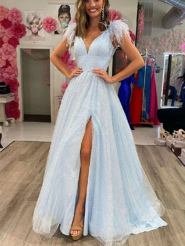 A Line V Neck Light Blue/White Long Prom Dress with High Slit, Light Blue/White Formal Graduation Evening Dress Satin Halter Glamorous A Line V Neck Light Blue/White Long Prom Dress with High Slit, Light Blue/White Formal Graduation Evening Dress Satin Halter Glamorous