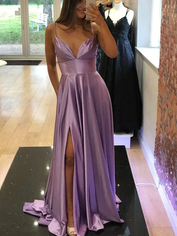 A Line V Neck Purple Prom Dress with Slit, Purple Long Formal Evening Dress Tunics Stylish modern A Line V Neck Purple Prom Dress with Slit, Purple Long Formal Evening Dress Tunics Stylish modern