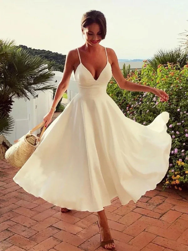 A Line V Neck White Prom Dresses, Satin Tea Length White Formal Wedding Party Dress Tunics Bestseller popular A Line V Neck White Prom Dresses, Satin Tea Length White Formal Wedding Party Dress Tunics Bestseller popular