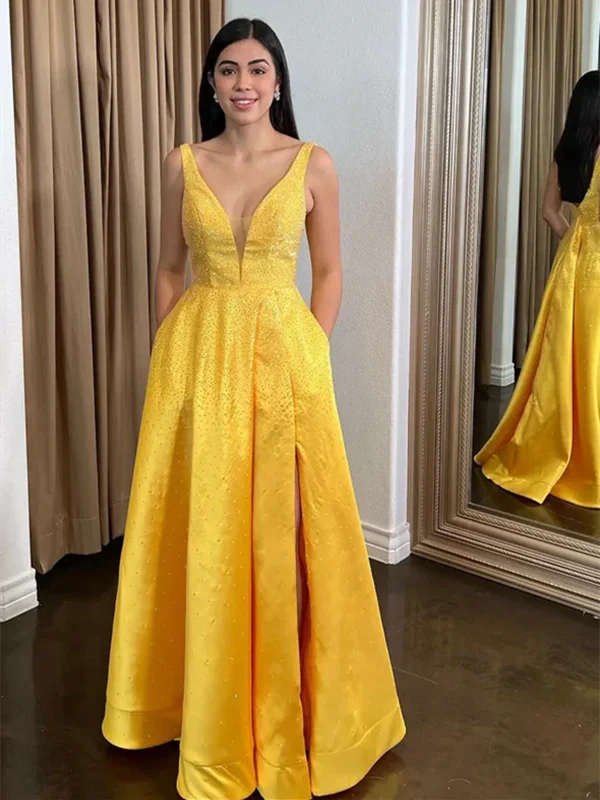 A Line Yellow Satin Beads Long Prom Dresses, A Line Yellow Satin Beads Long Formal Evening Dresses Tunics Sophisticated sleek
