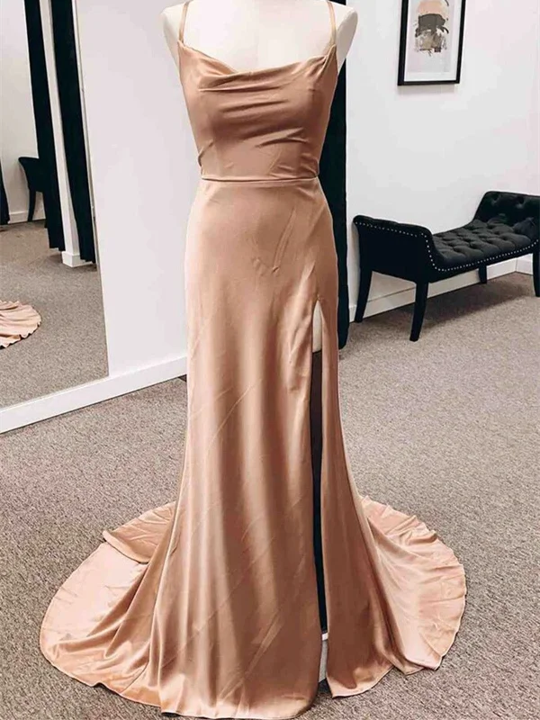 Backless Champagne Long Prom Dress with High Slit, Long Champagne Formal Graduation Evening Dress Tunics Distressed trendy Backless Champagne Long Prom Dress with High Slit, Long Champagne Formal Graduation Evening Dress Tunics Distressed trendy