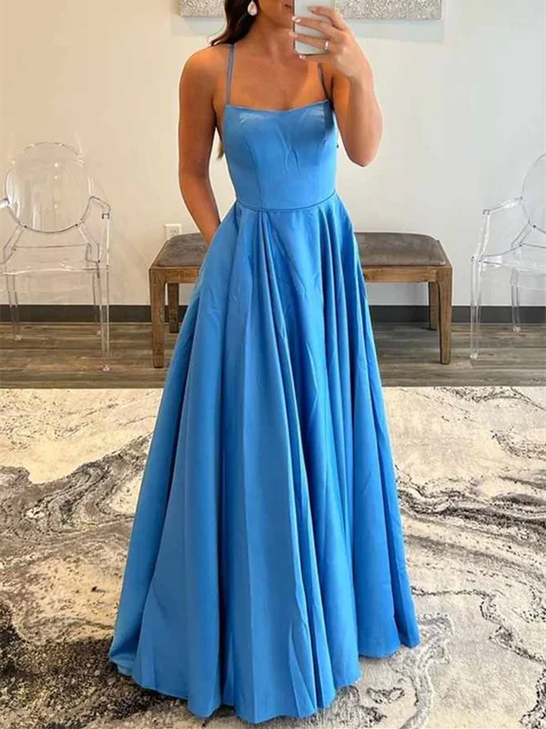 Backless Floor Length Blue Satin Long Prom Dress with Pocket, Backless Blue Formal Graduation Evening Dress Tunics Stylish modern Backless Floor Length Blue Satin Long Prom Dress with Pocket, Backless Blue Formal Graduation Evening Dress Tunics Stylish modern