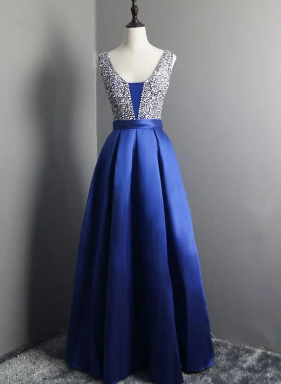 Beautiful Blue Satin Prom Dress V Neck Beaded Long Prom Dress, Party Dress Tunics Evening elegant Beautiful Blue Satin Prom Dress V Neck Beaded Long Prom Dress, Party Dress Tunics Evening elegant