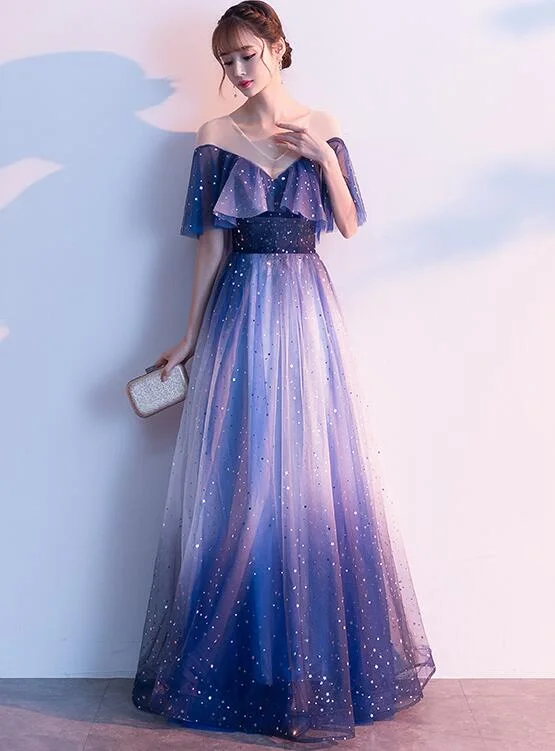 Beautiful Blue Tulle Gradient Long Bridesmaid Dress, Wedding Party Dress Tunics Luxurious premium Beautiful Blue Tulle Gradient Long Bridesmaid Dress, Wedding Party Dress Tunics Luxurious premium