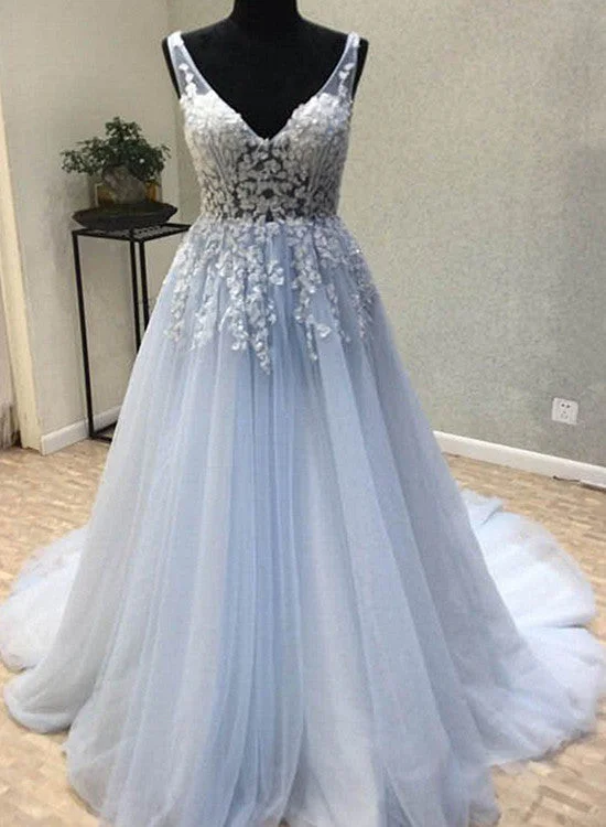 Beautiful Blue Tulle Long Party Dress, Blue Formal Gown Tunics Ceremony elegant