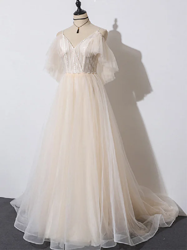 Beautiful Champagne Tulle Long A-line Party Dress, Evening Gown Tunics Recommended stylist Beautiful Champagne Tulle Long A-line Party Dress, Evening Gown Tunics Recommended stylist