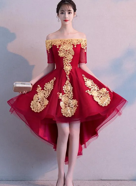 Beautiful Dark Red High Low Tulle Party Dress, Wine Red Off Shoulder Prom Dress Tunics Trendy modern Beautiful Dark Red High Low Tulle Party Dress, Wine Red Off Shoulder Prom Dress Tunics Trendy modern