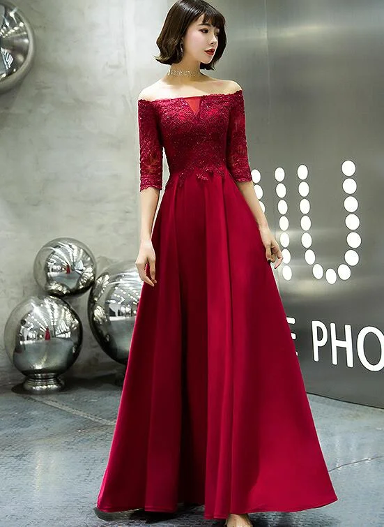 Beautiful Dark Red Off Shoulder Party Dress, New Style Prom Dress Tunics Polka dots
