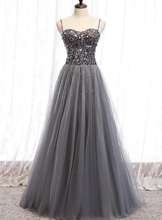 Beautiful Grey Beaded Tulle Prom Dresses, Straps Party Dress Tunics Business professional Beautiful Grey Beaded Tulle Prom Dresses, Straps Party Dress Tunics Business professional
